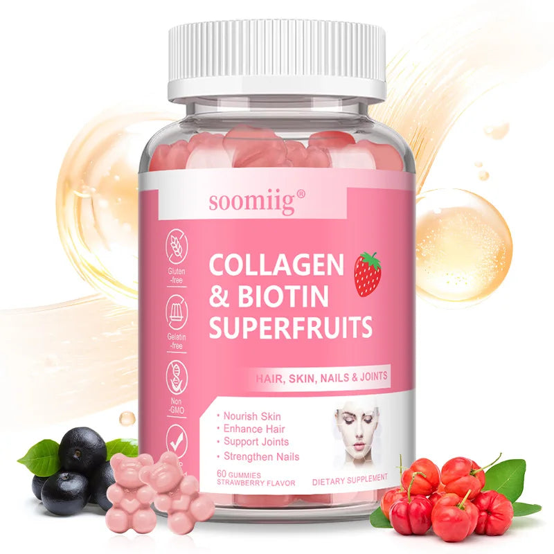 Biotin Collagen Gummies, Promote Hair Growth, Radiant Skin, Strong Nails, and Support Bones and Joints Healthy, 60 Gummies