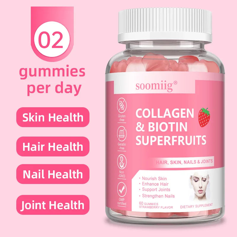 Biotin Collagen Gummies, Promote Hair Growth, Radiant Skin, Strong Nails, and Support Bones and Joints Healthy, 60 Gummies