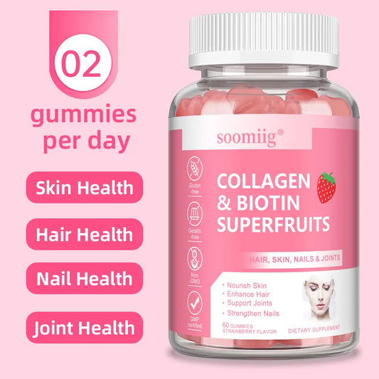 Biotin Collagen Gummies, Promote Hair Growth, Radiant Skin, Strong Nails, and Support Bones and Joints Healthy, 60 Gummies