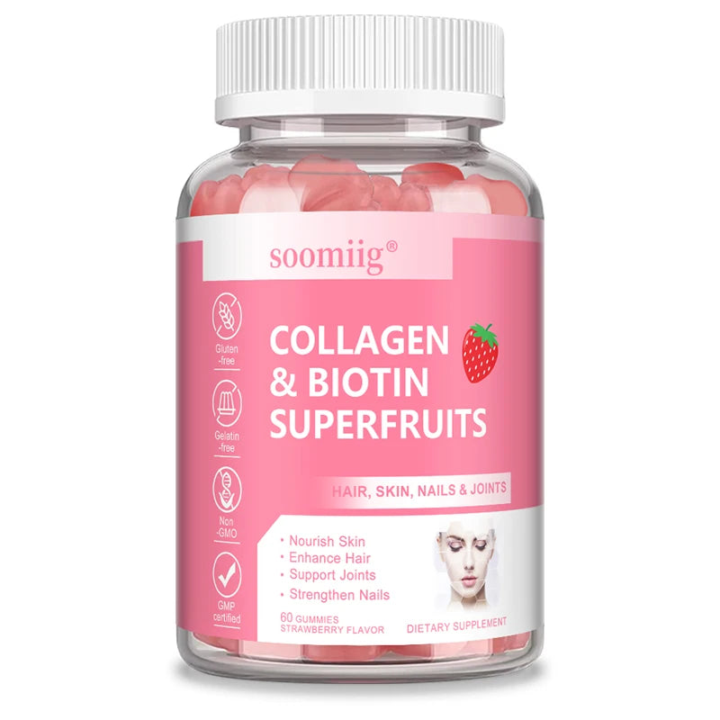 Biotin Collagen Gummies, Promote Hair Growth, Radiant Skin, Strong Nails, and Support Bones and Joints Healthy, 60 Gummies