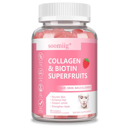 Biotin Collagen Gummies, Promote Hair Growth, Radiant Skin, Strong Nails, and Support Bones and Joints Healthy, 60 Gummies